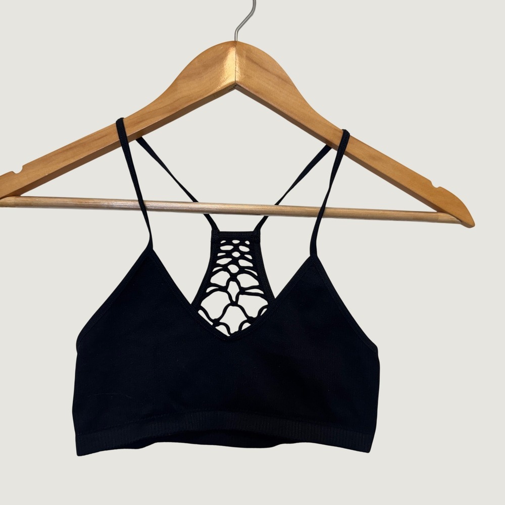 Free People Women Bralette XS/S Black Macrame Racerback Ribbed Boho Indie